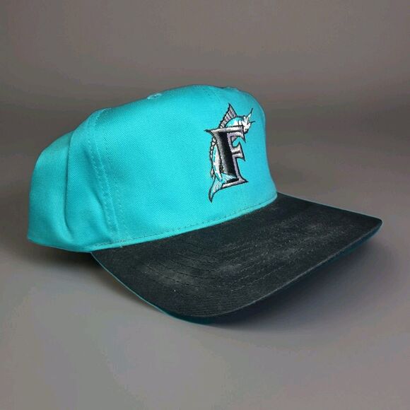 Vintage Florida Marlins Snapback Hat Logo Athletic Teal Black 90s Green Brim - Picture 1 of 4